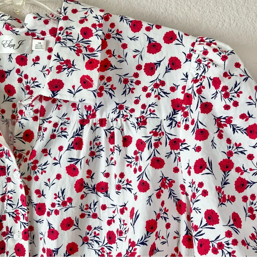 ELIZA J Boho Babydoll Dress 16W Poppy Floral Puff Sleeve Tiered Summer Vacation - Picture 7 of 13